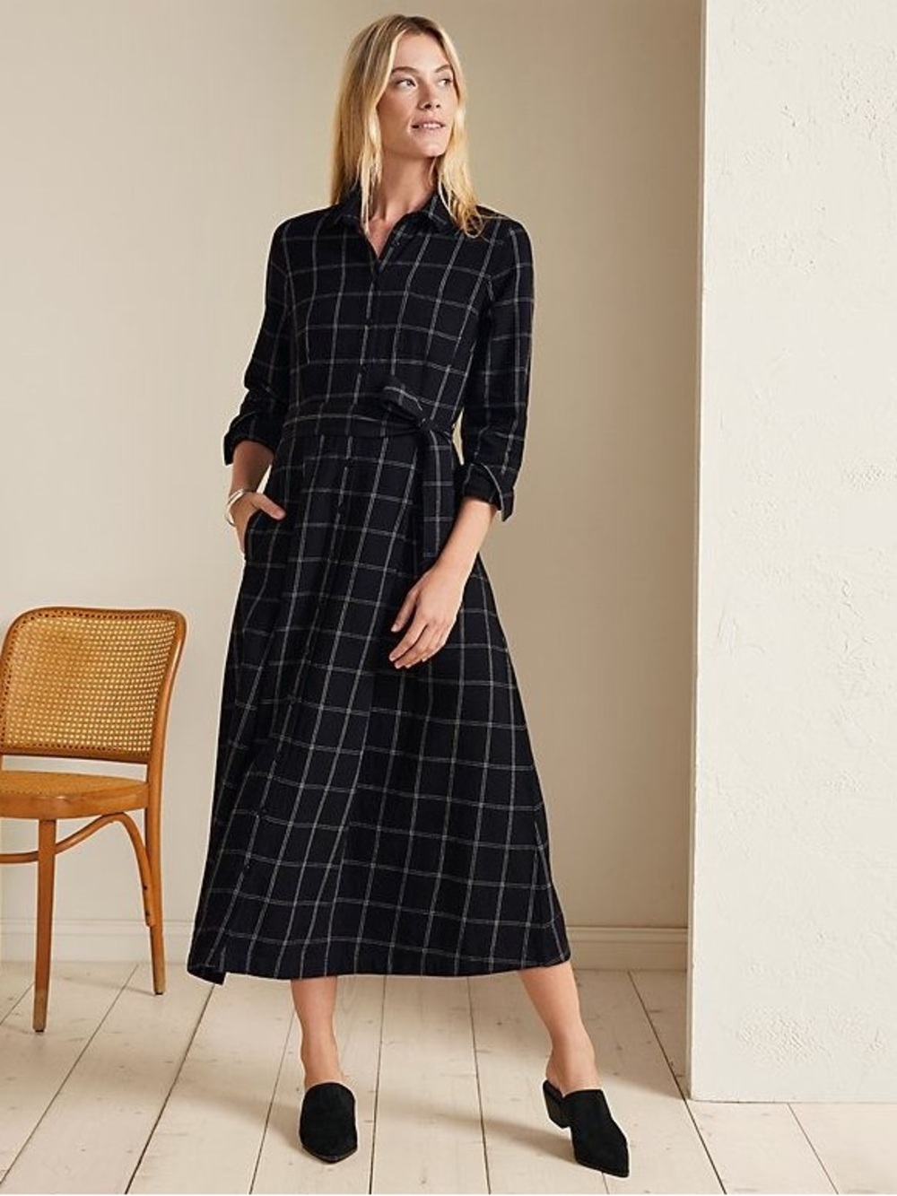 NWT Garnet Hill Organic-Cotton Flannel Midi Dress Black Grid size 12 Belted - Picture 1 of 11